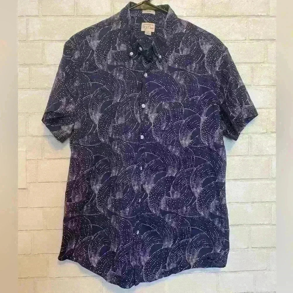 J Crew Navy print 100% cotton button down shirt size Large